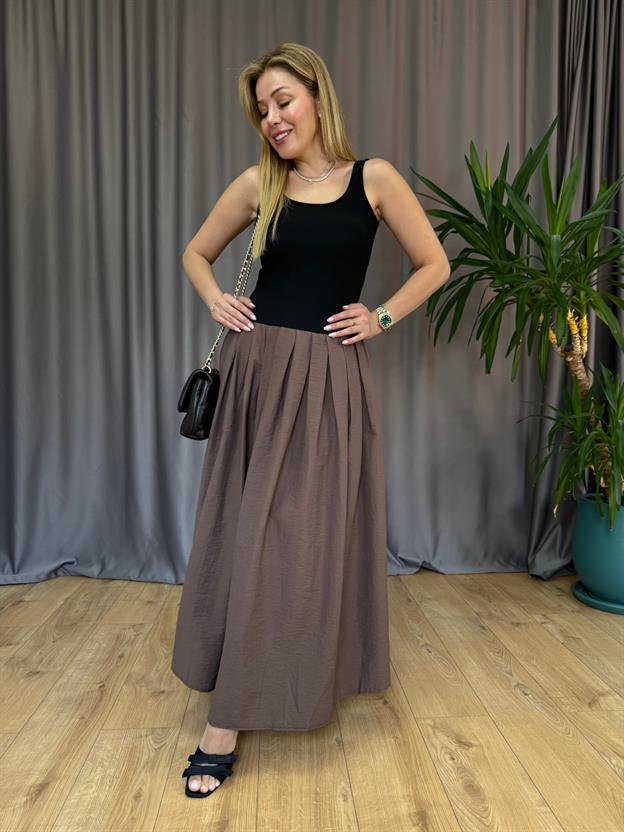 Kahve Pileli Constrat Elbise