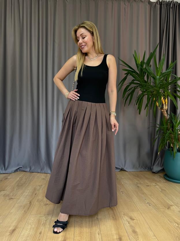 Kahve Pileli Constrat Elbise