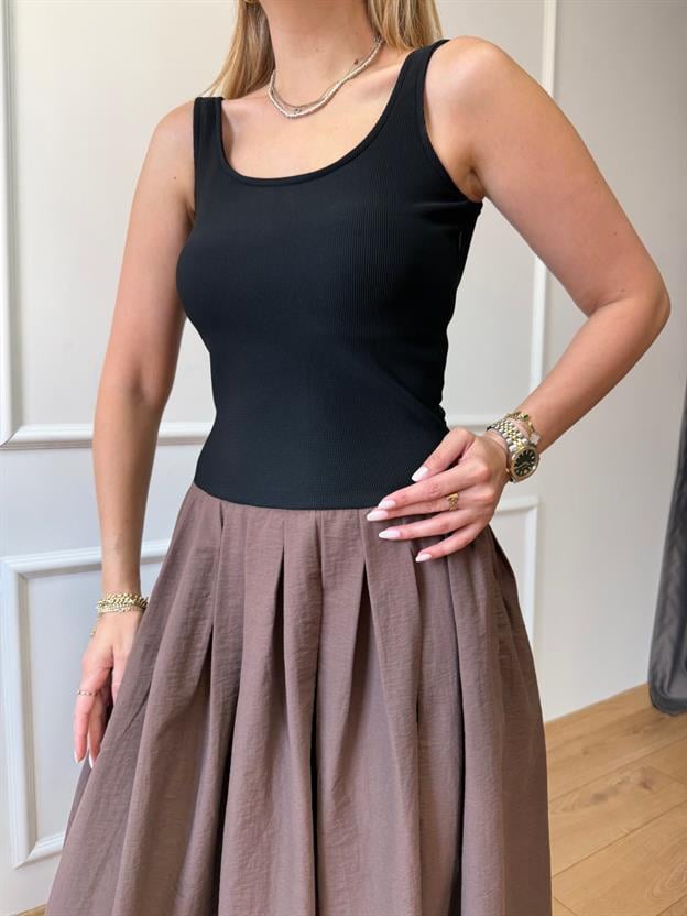 Kahve Pileli Constrat Elbise