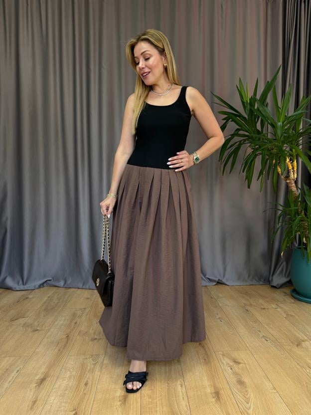 Kahve Pileli Constrat Elbise