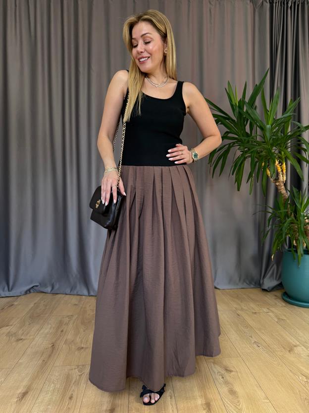 Kahve Pileli Constrat Elbise