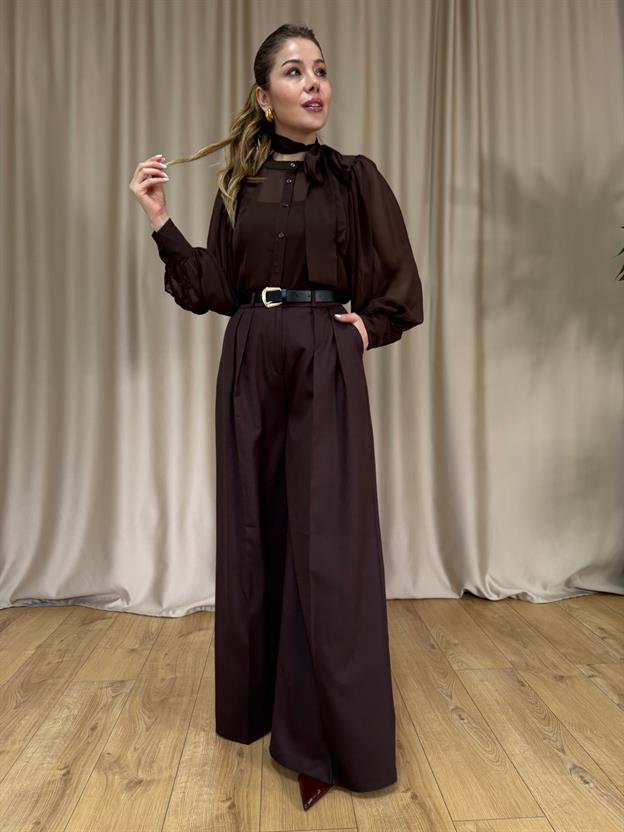 Kahve Pilili Kemerli Pantolon