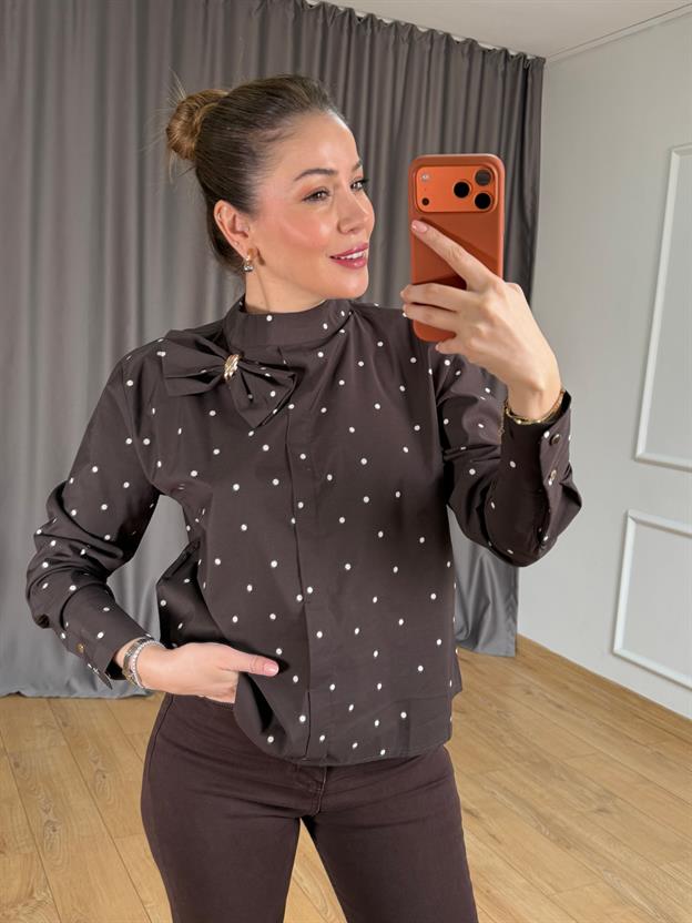 Kahve Puantiyeli Fiyonklu Bluz