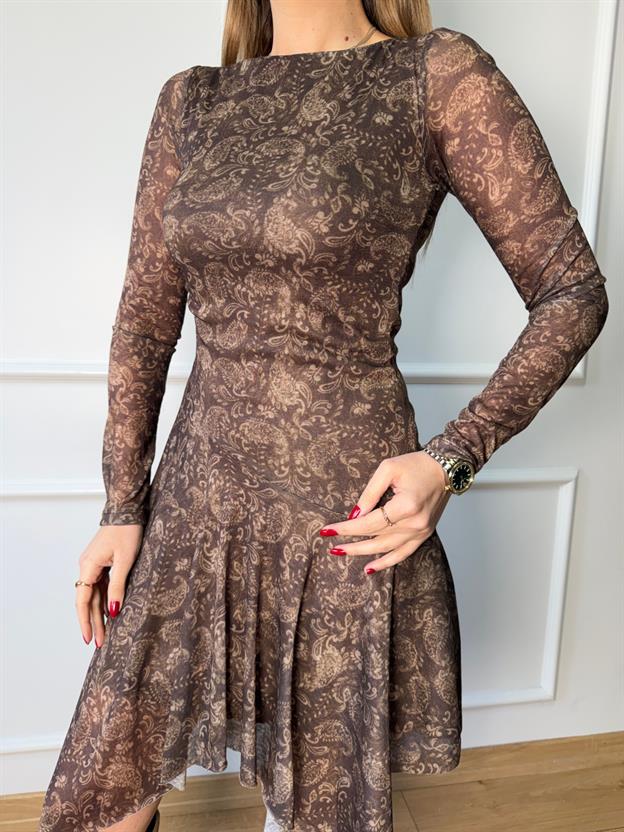 Kahve Şal Desen Asimetrik Elbise