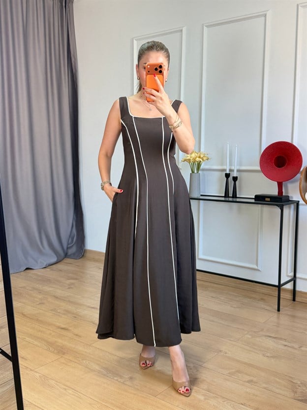 Kahve Şerit Detaylı Elbise