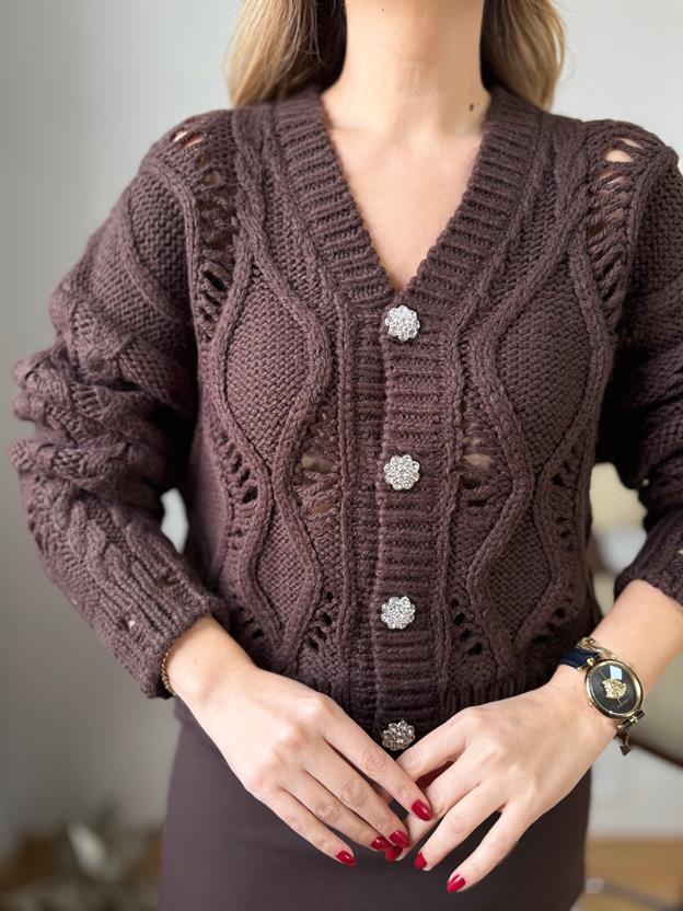 Kahve Taşlı Makaron Hırka