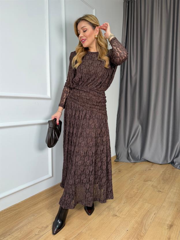 Kahve Uzun Dantel Elbise