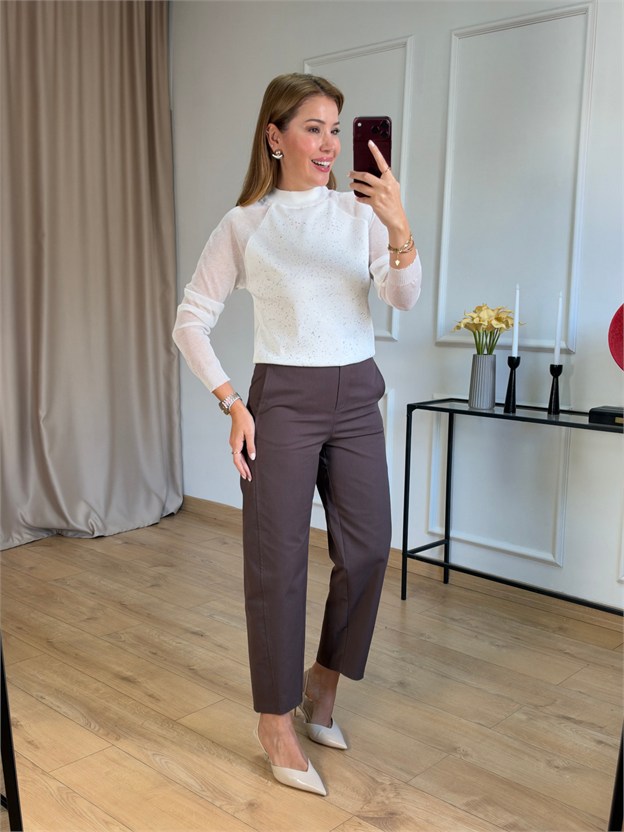 Kahve Yan Dikiş Detaylı Barrel Pantolon