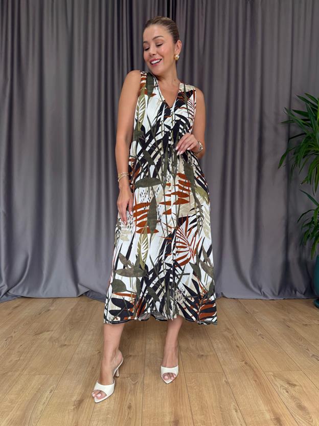 Kahve - Yeşil Kolsuz Midi Elbise