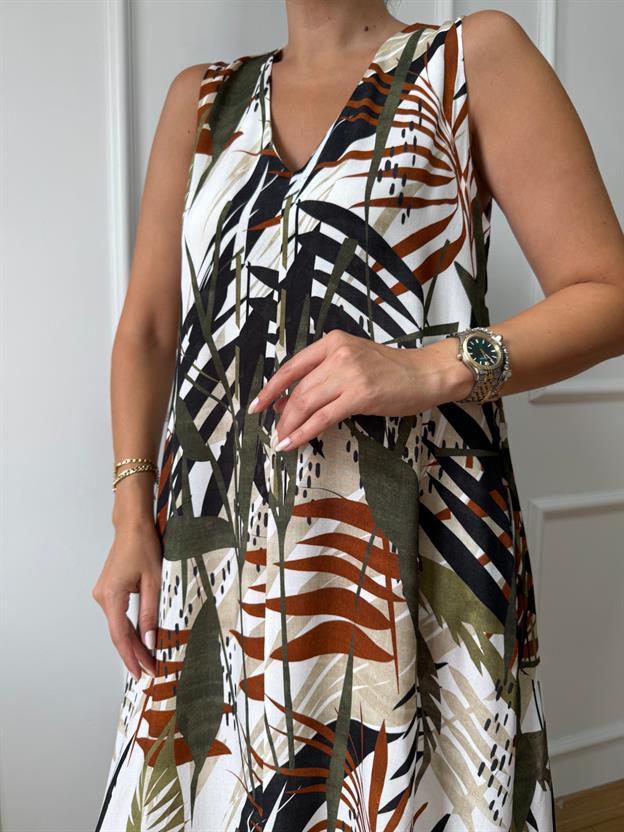 Kahve - Yeşil Kolsuz Midi Elbise