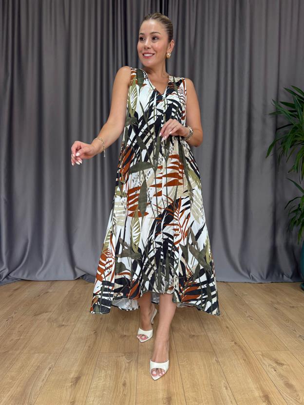 Kahve - Yeşil Kolsuz Midi Elbise