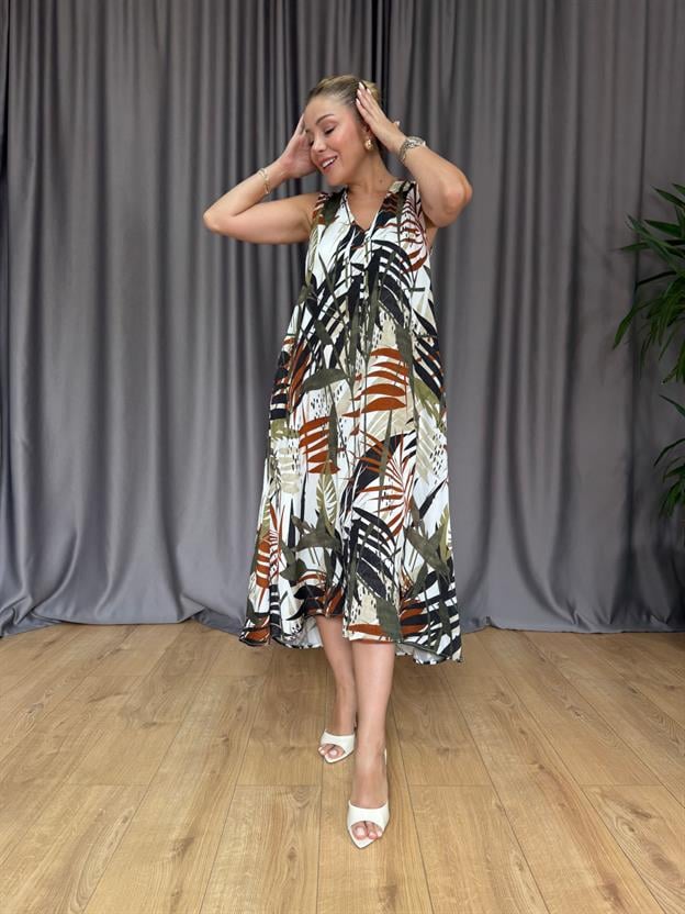 Kahve - Yeşil Kolsuz Midi Elbise