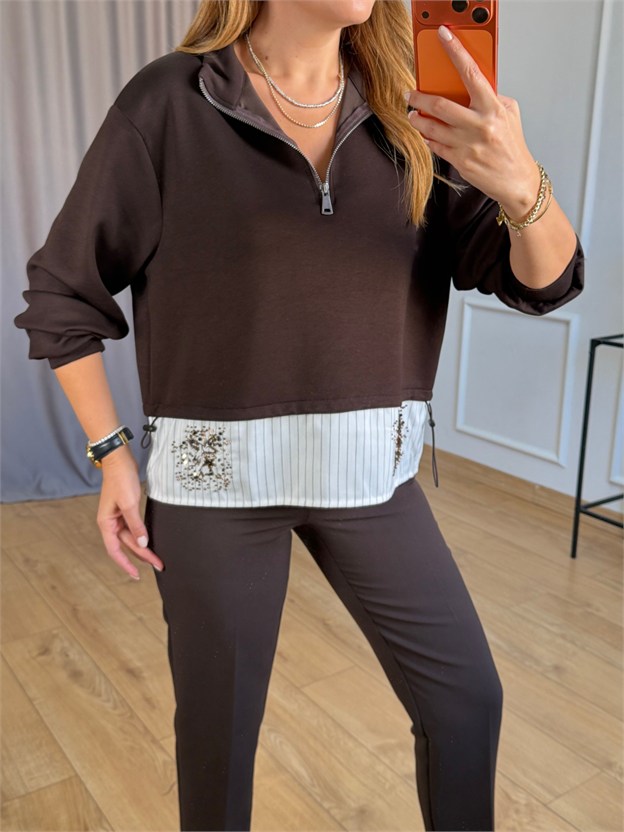 Kahverengi Etek Ucu İşlemeli Sweatshirt