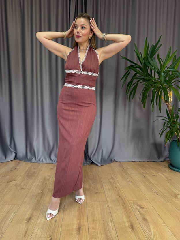 Kiremit Nakışlı Boyundan Bağlamalı Elbise