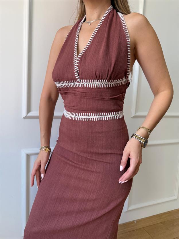 Kiremit Nakışlı Boyundan Bağlamalı Elbise