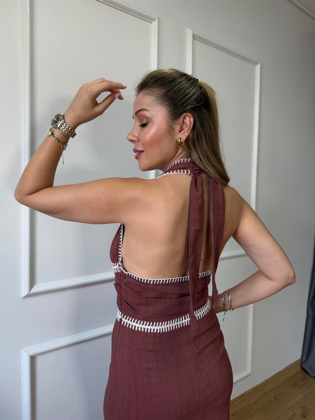 Kiremit Nakışlı Boyundan Bağlamalı Elbise