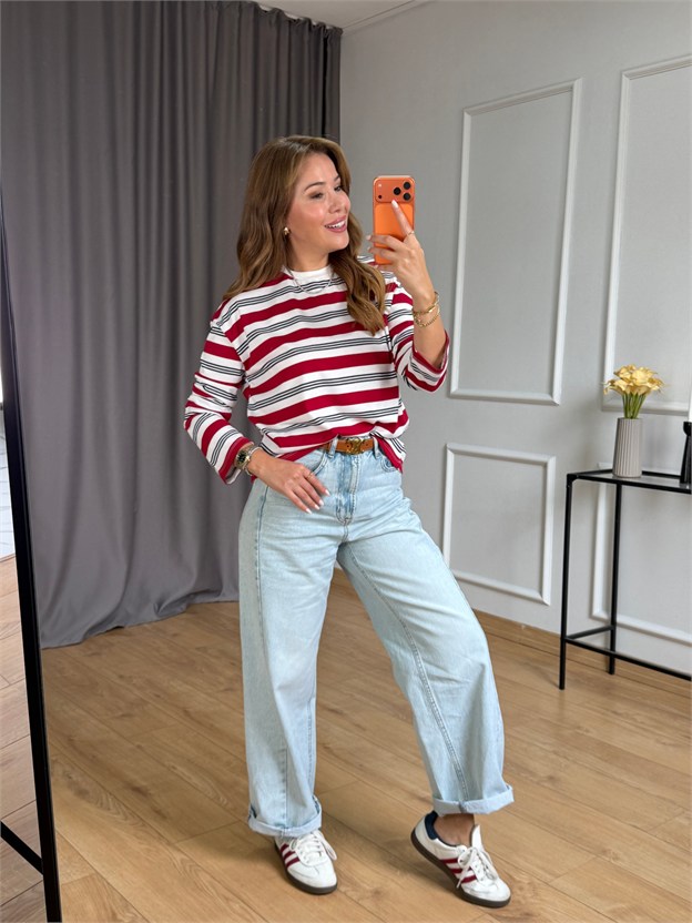 Kırmızı Çizgili Basic Sweatshirt