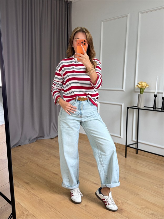 Kırmızı Çizgili Basic Sweatshirt