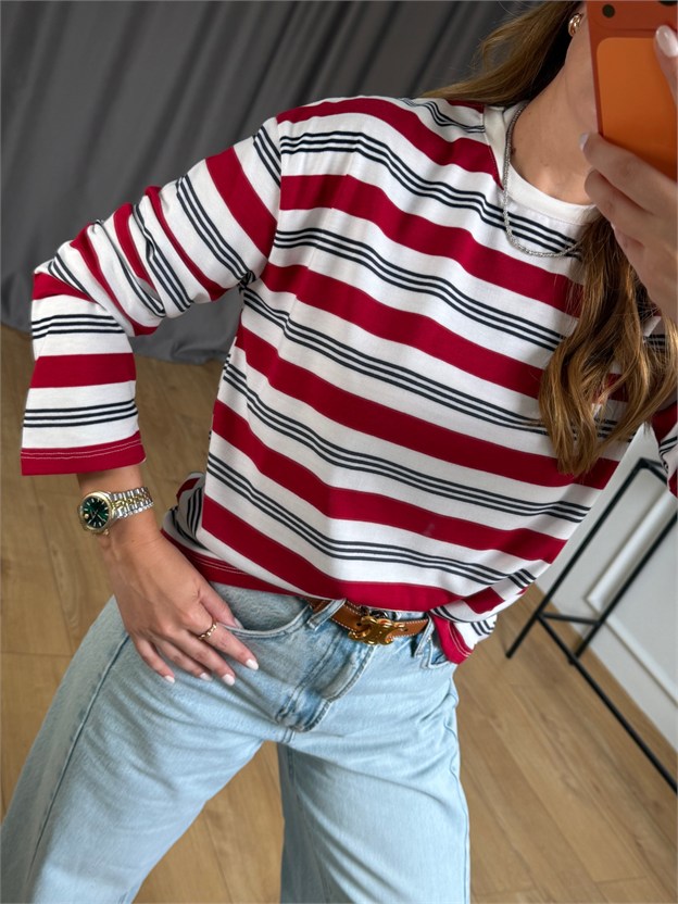 Kırmızı Çizgili Basic Sweatshirt
