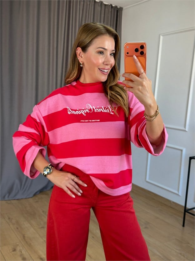 Kırmızı Kalın Çizgili Yazı Detay Sweatshirt