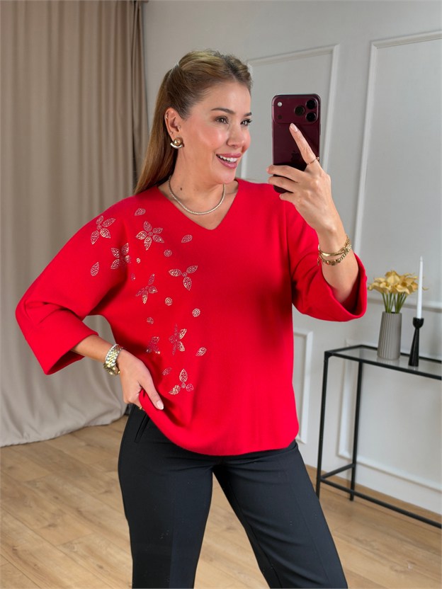 Kırmızı Taşlı Triko Bluz