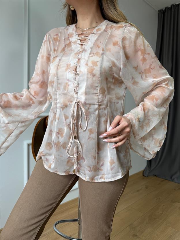 Krem Bağcık Detaylı Şifon Bluz