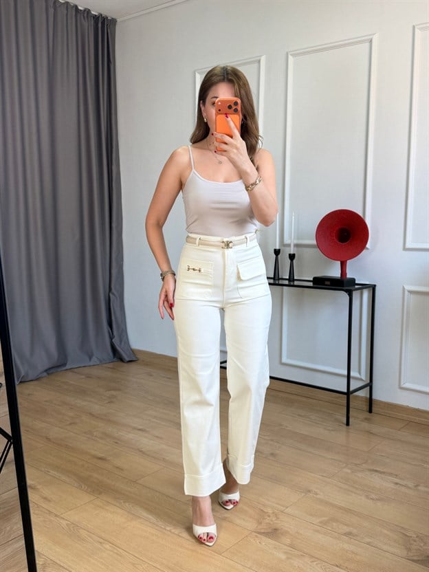 Krem Cep Detaylı Duble Paça Pantolon