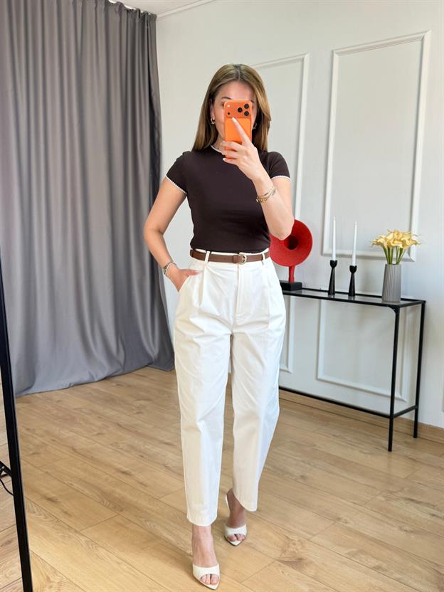 Krem Kemerli Havuç Pantolon