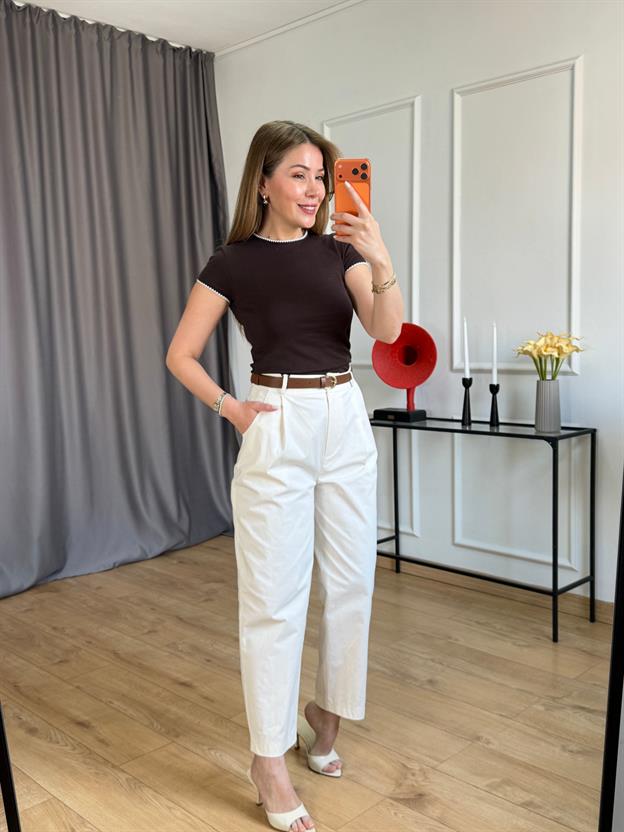 Krem Kemerli Havuç Pantolon