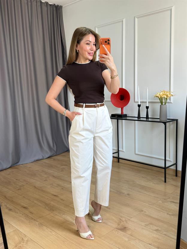 Krem Kemerli Havuç Pantolon