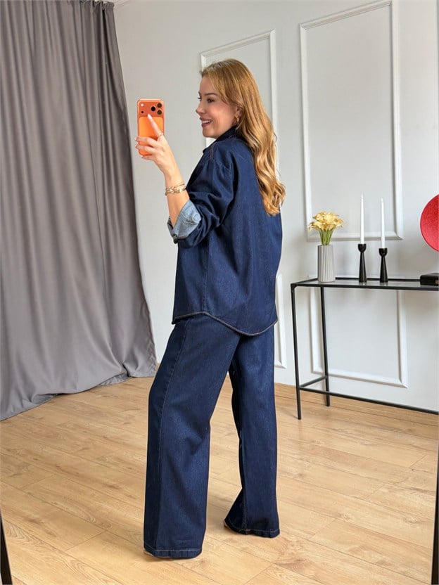 Lacivert Beli Lastikli Denim Takım