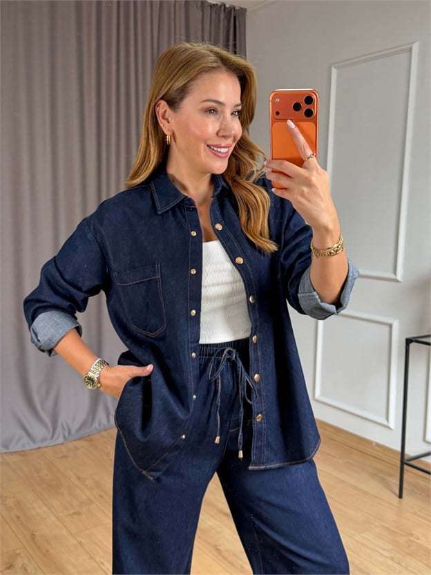 Lacivert Beli Lastikli Denim Takım
