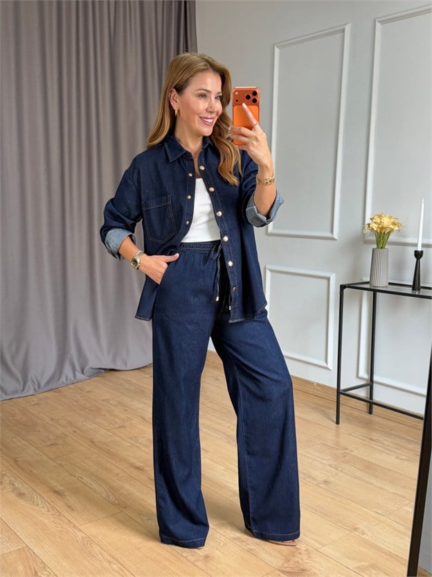 Lacivert Beli Lastikli Denim Takım