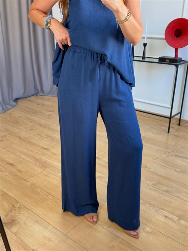 Lacivert  Beli Lastikli Keten Pantolon