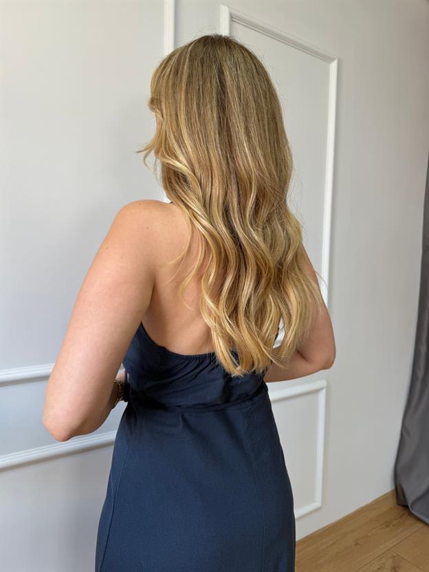 Lacivert Boyun Askılı Keten Elbise