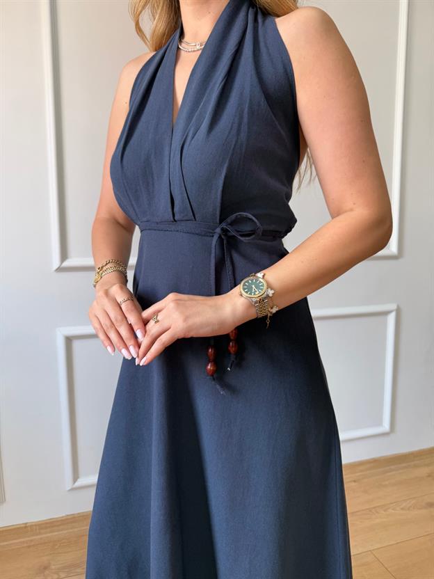 Lacivert Boyun Askılı Keten Elbise