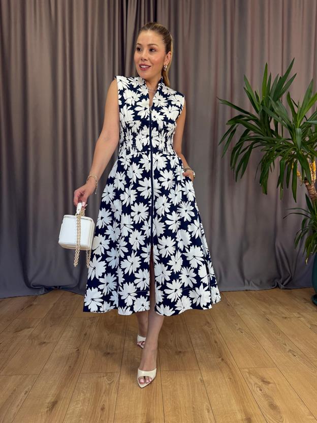 Lacivert Çiçek Desenli Drapeli Elbise