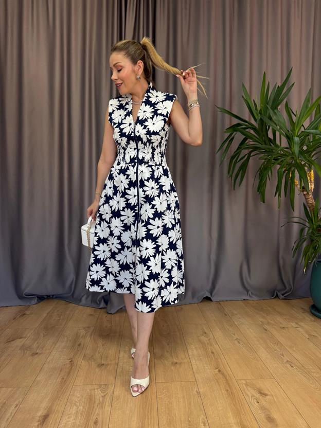 Lacivert Çiçek Desenli Drapeli Elbise