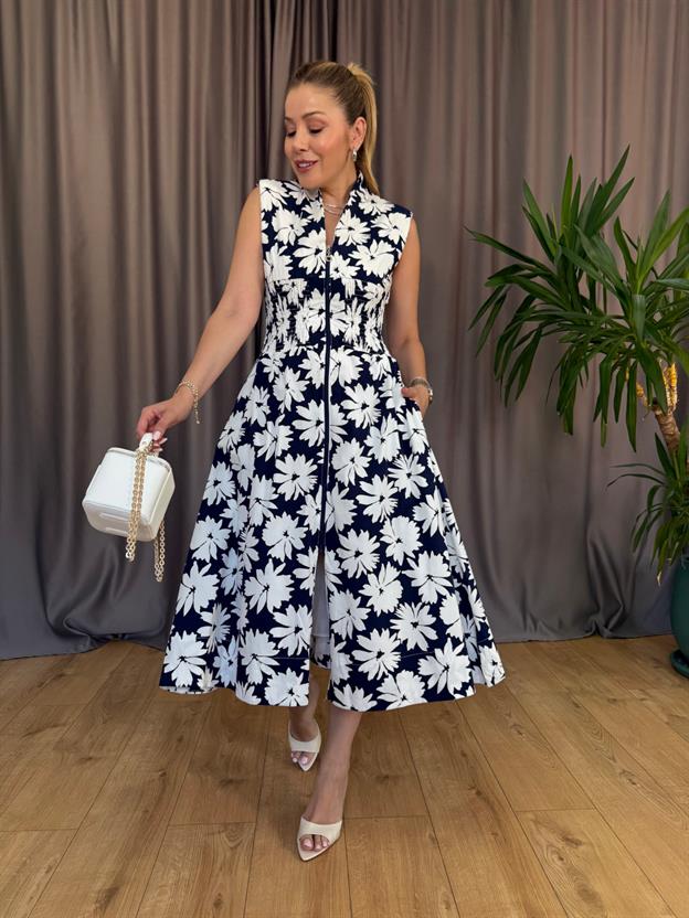 Lacivert Çiçek Desenli Drapeli Elbise