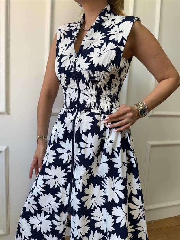 Lacivert Çiçek Desenli Drapeli Elbise