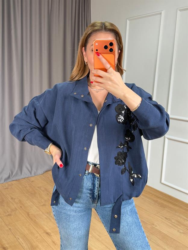 Lacivert Çiçek Nakışlı Ceket