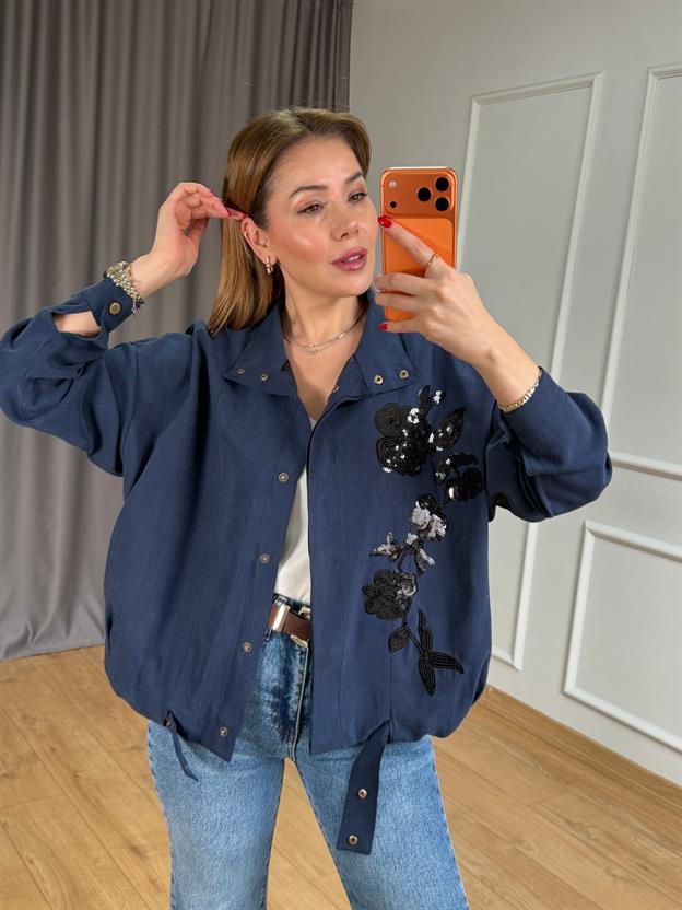 Lacivert Çiçek Nakışlı Ceket