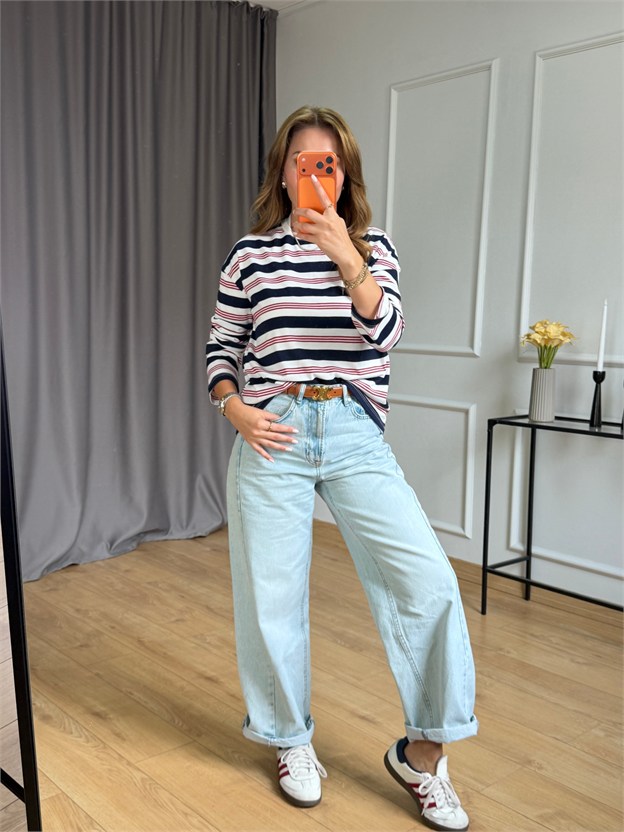 Lacivert Çizgili Basic Sweatshirt