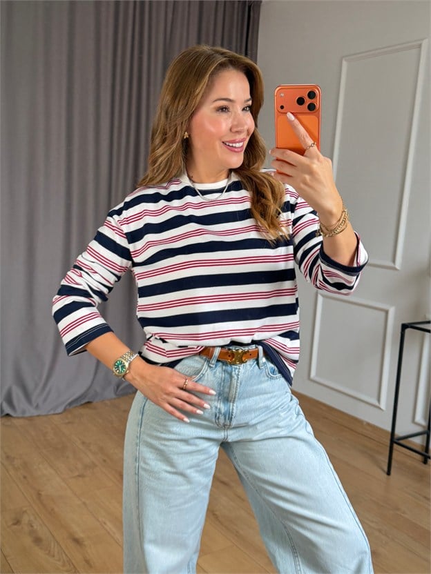 Lacivert Çizgili Basic Sweatshirt