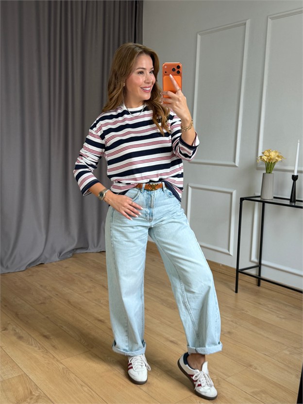 Lacivert Çizgili Basic Sweatshirt