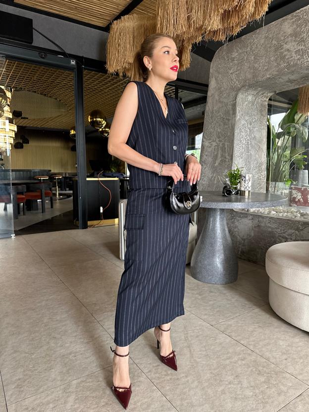 Lacivert Çizgili Etek