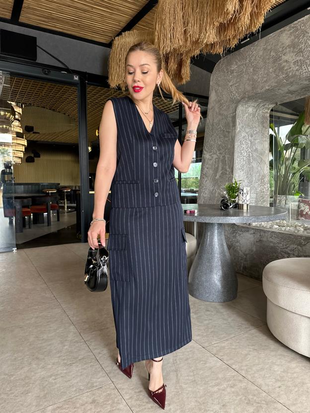 Lacivert Çizgili Etek