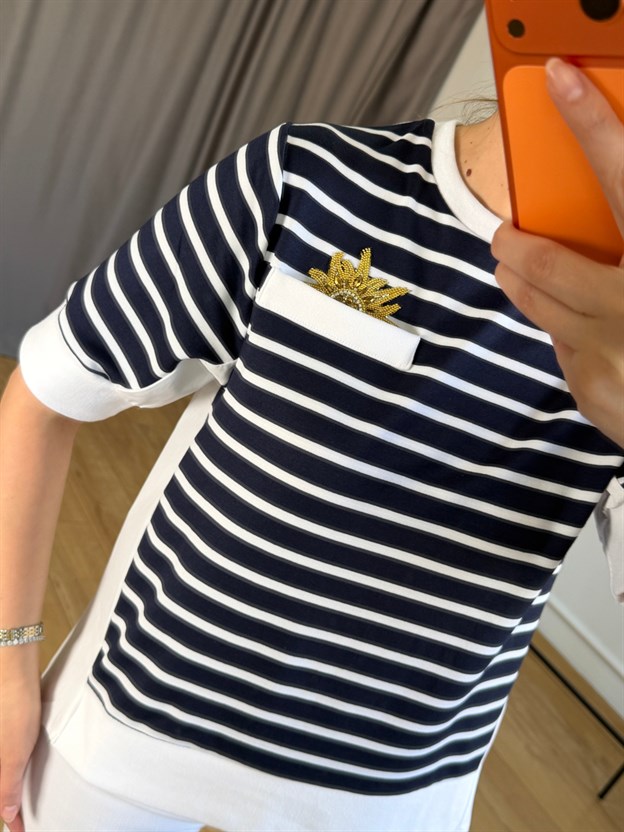 Lacivert Çizgili Güneş Detay Tshirt ( ÖN SİPARİŞ ÜRÜNÜDÜR )