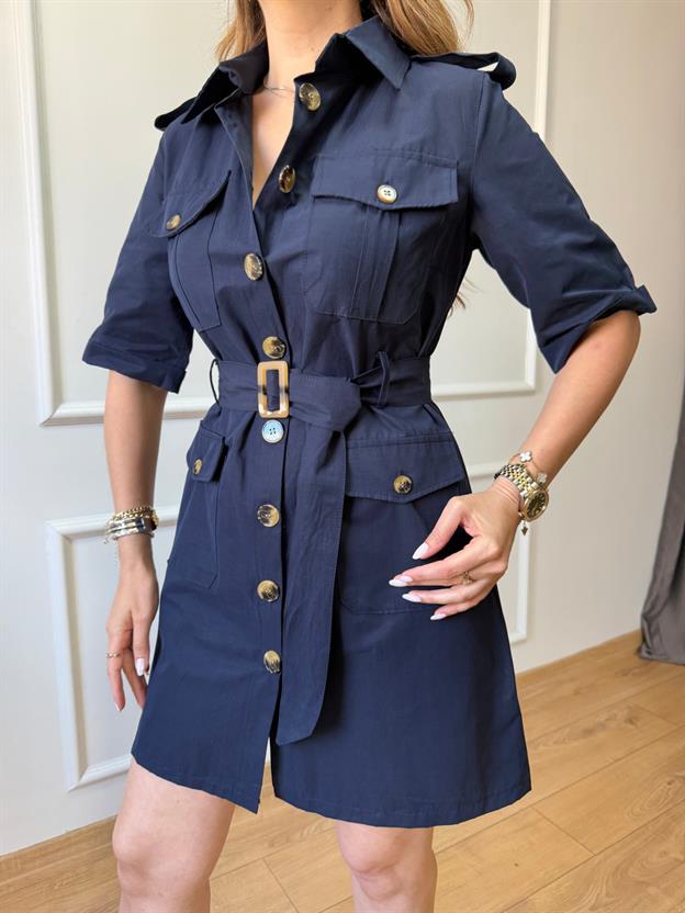 Lacivert Düğmeli Mini Elbise
