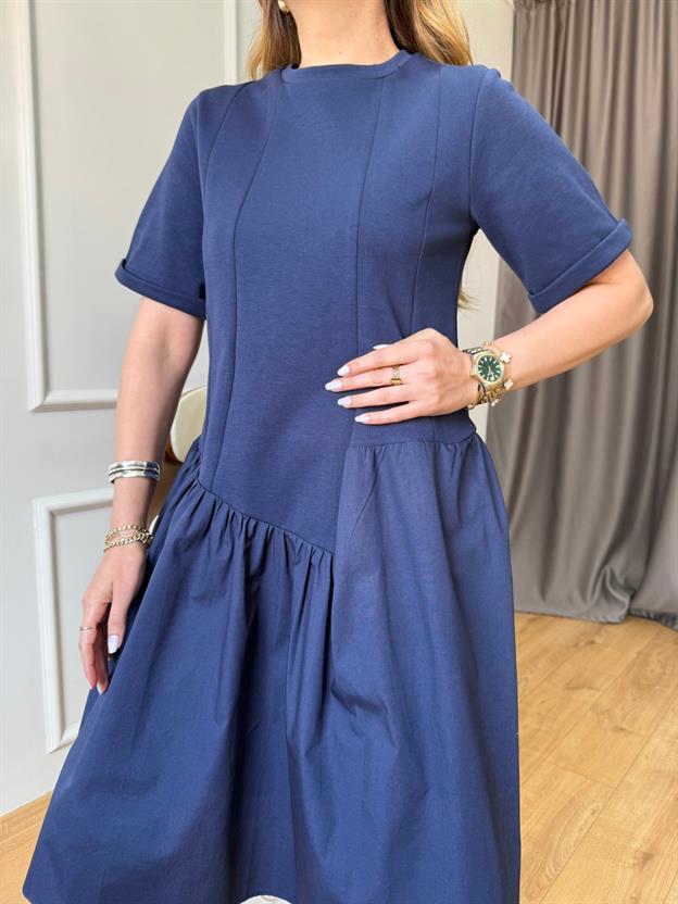 Lacivert Etek Ucu Poplin Elbise